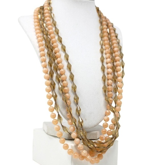 Vintage 5 Strand Necklace Pink Round and Diamond Shaped Beads 25 " Long -Hey Viv - Picture 4 of 6